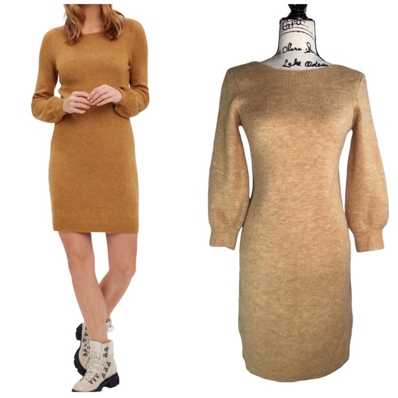 Vera Moda Balloon Sleeve Knit Sweater Dress  in Wheat Size Small (Fits like a M) - Picture 1 of 16